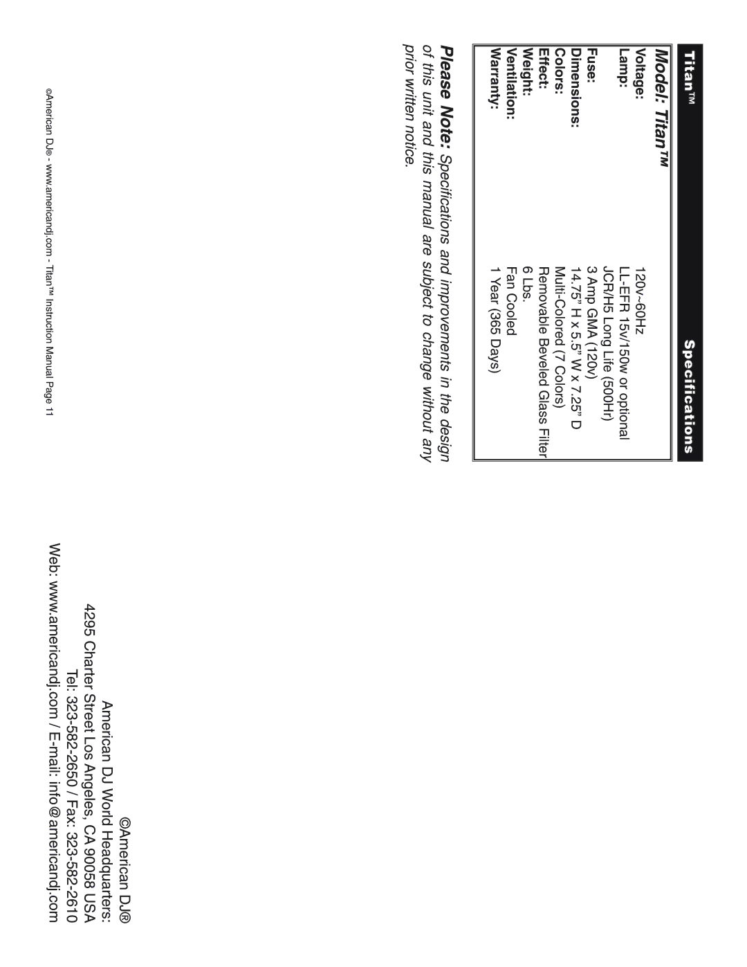 American DJ instruction manual Model Titan, TitanSpecifications 