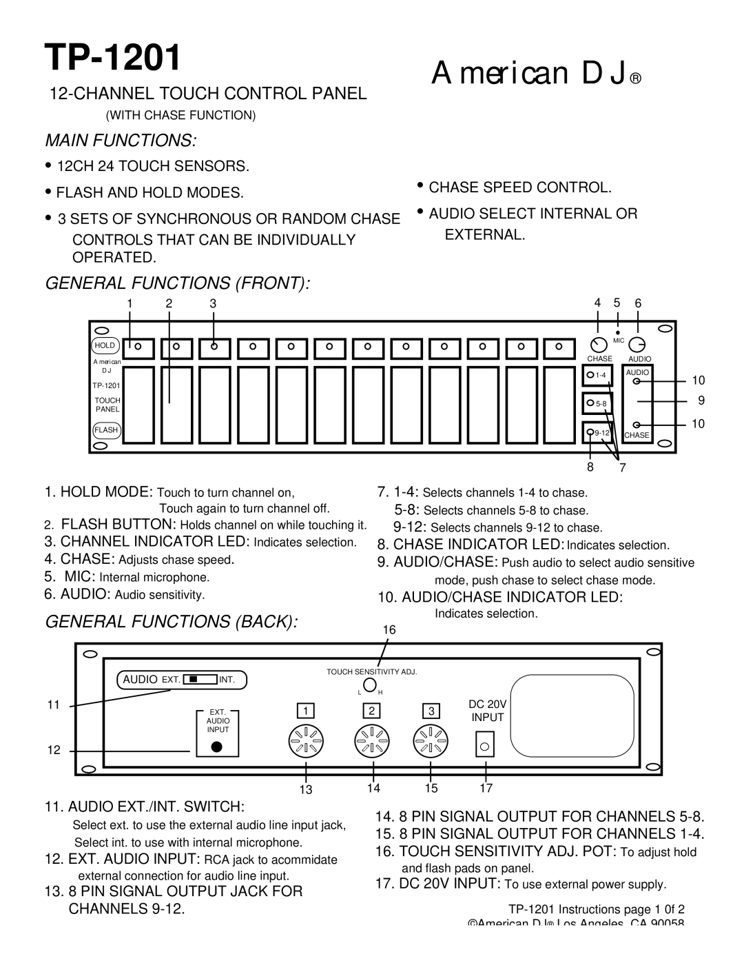 American DJ TP-1201 manual American DJ, Main Functions, General Functions Front, General Functions Back 