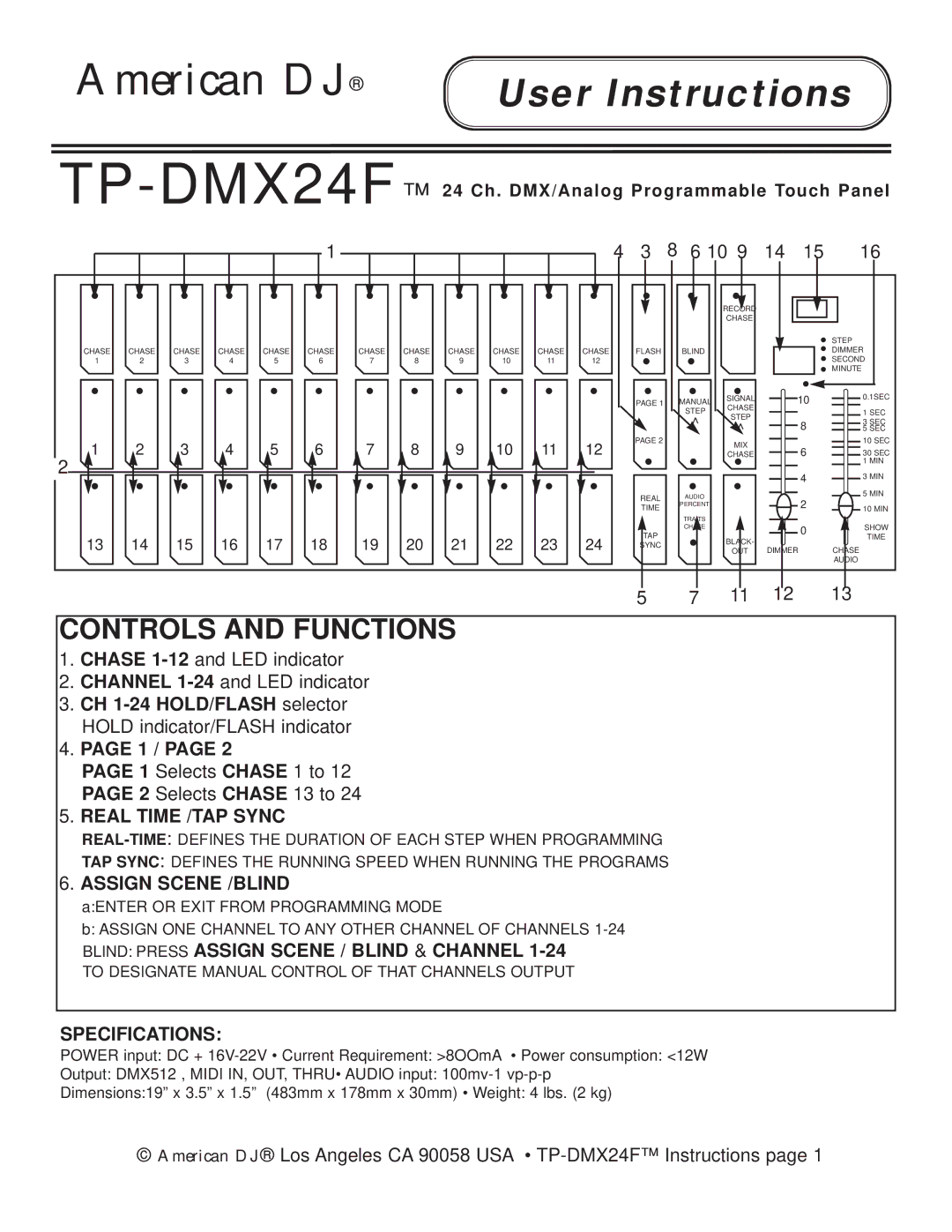 American DJ TP-DMX24F specifications Controls and Functions, 1, Real Time /TAP Sync, Assign Scene /BLIND, Specifications 