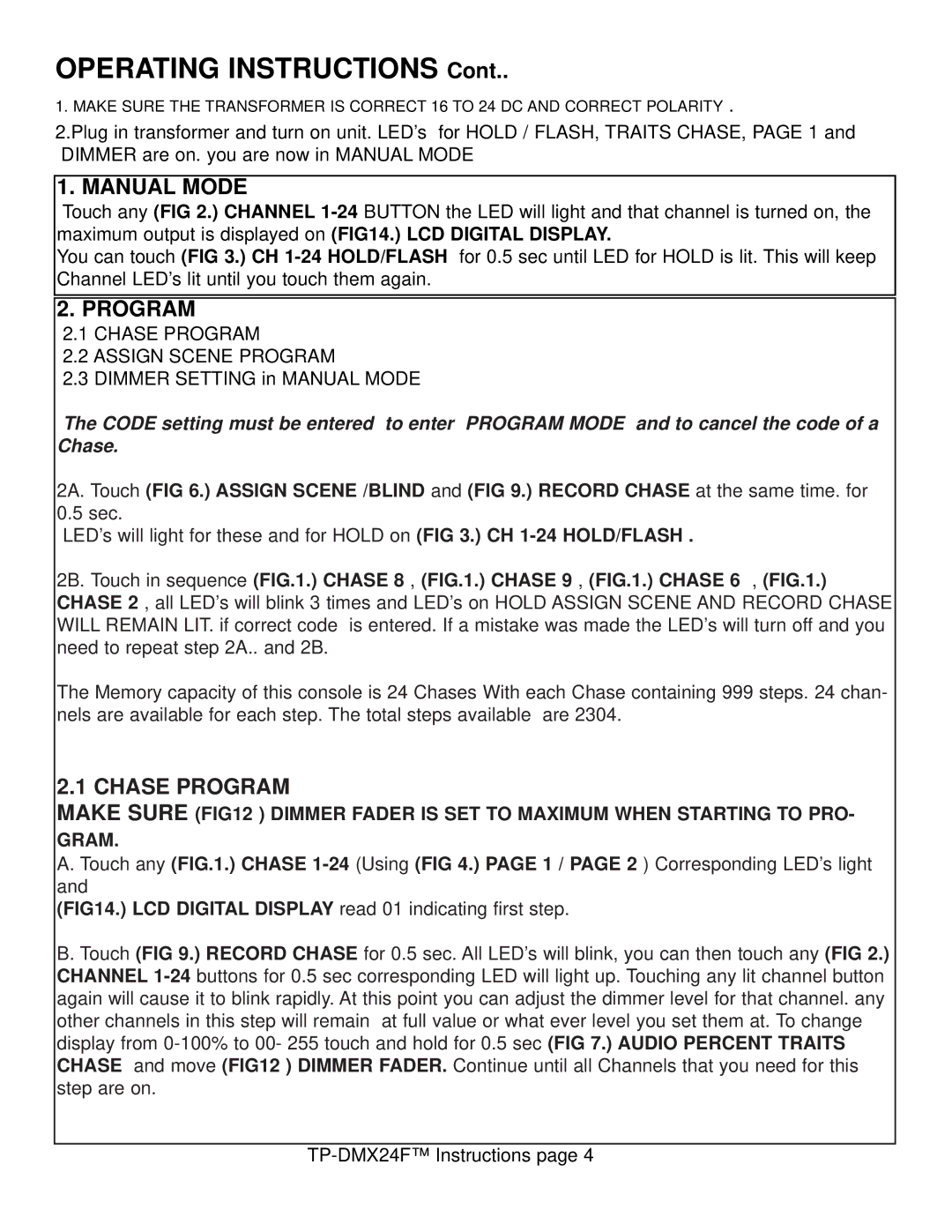 American DJ TP-DMX24F specifications Operating Instructions, Manual Mode, Chase Program 