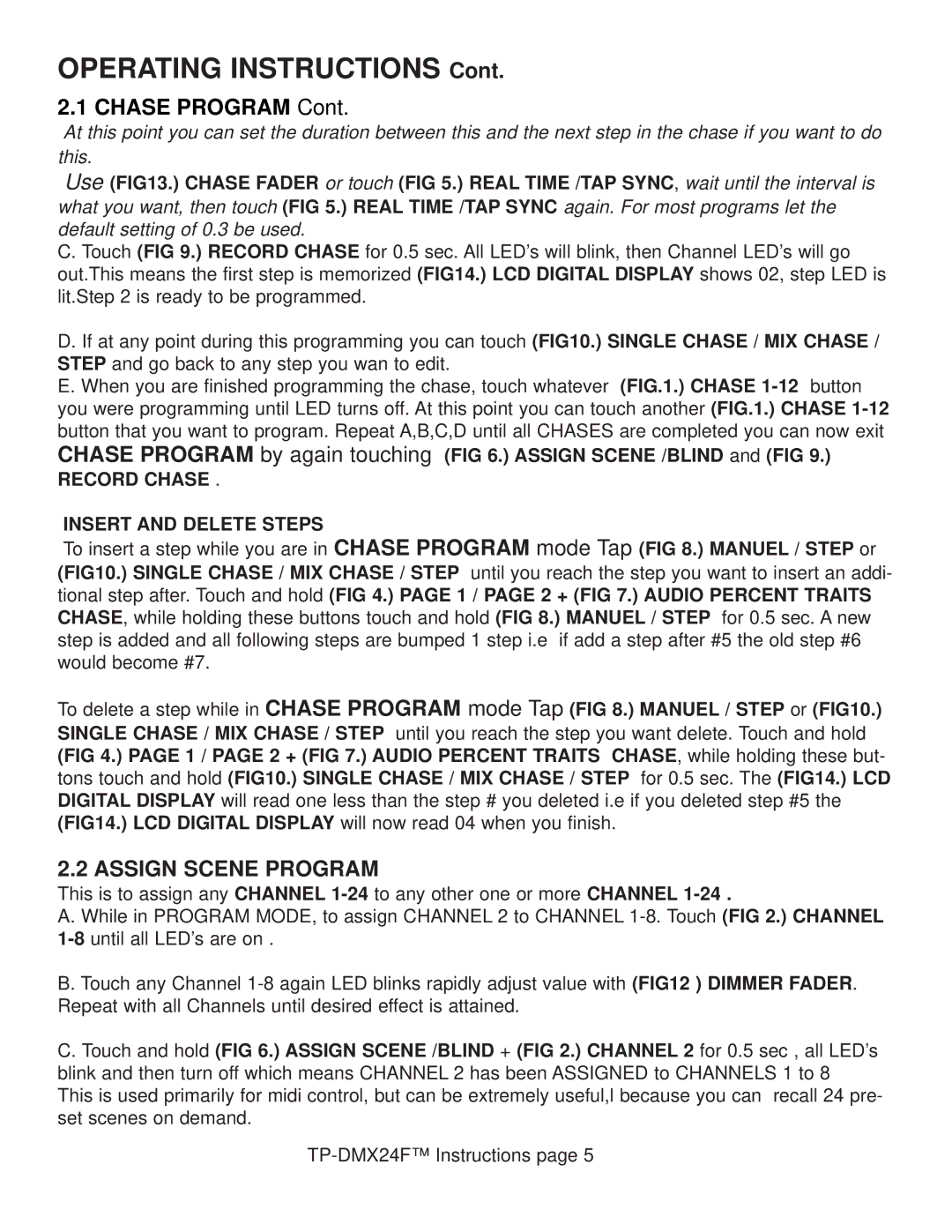 American DJ TP-DMX24F specifications Chase Program, Assign Scene Program, Record Chase Insert and Delete Steps 