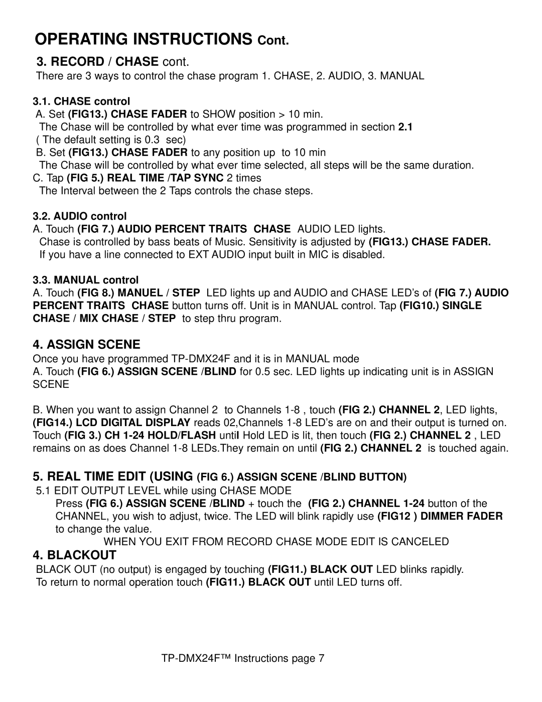 American DJ TP-DMX24F specifications Record / Chase, Blackout, Real Time Edit Using . Assign Scene /BLIND Button 