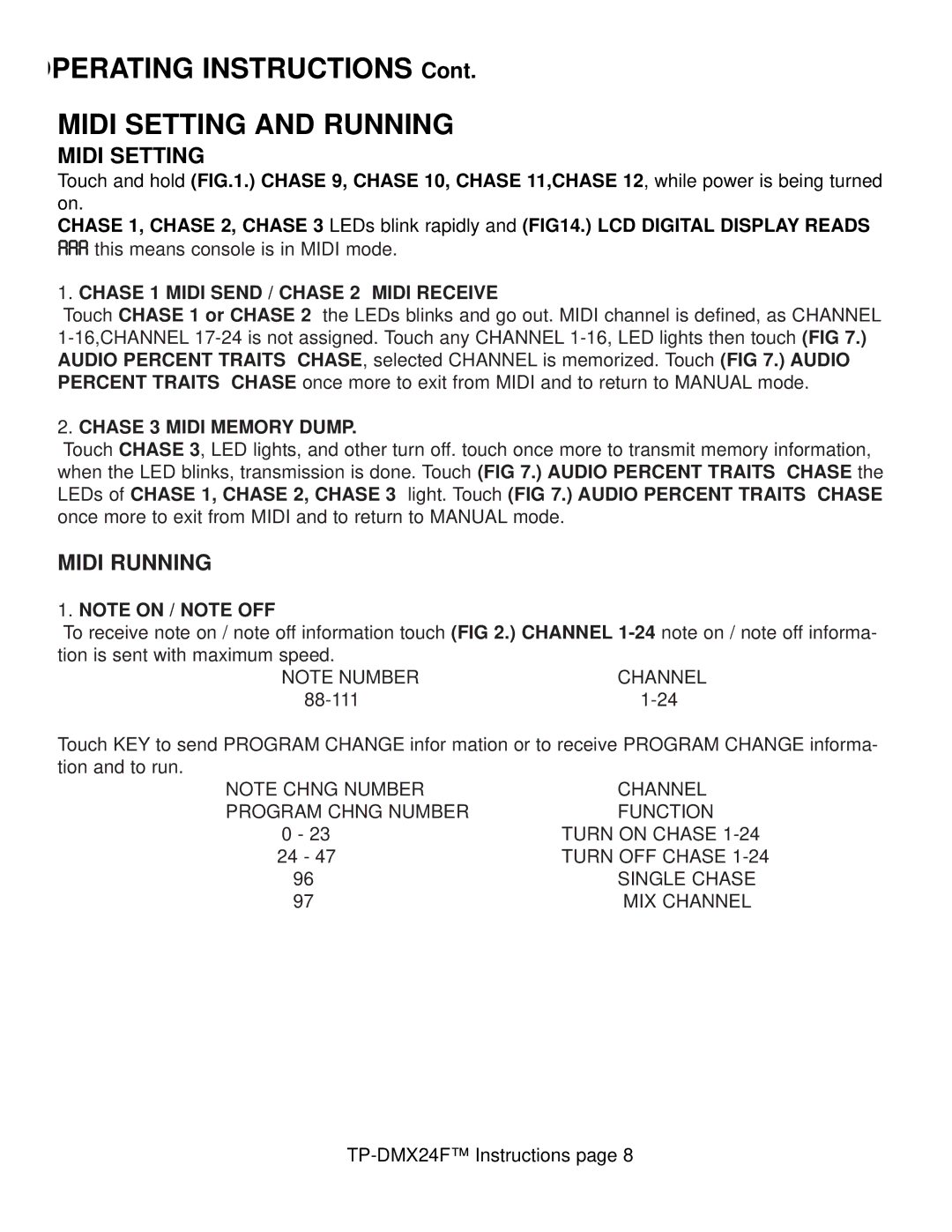 American DJ TP-DMX24F specifications Perating Instructions, Midi Setting and Running, Midi Running 