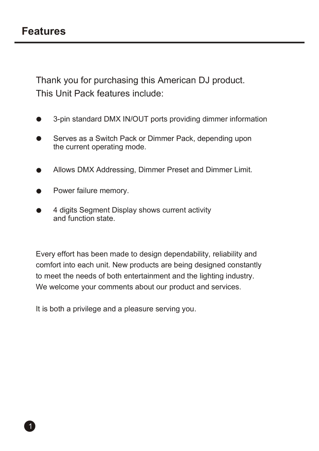 American DJ Uni Pack user manual Features 