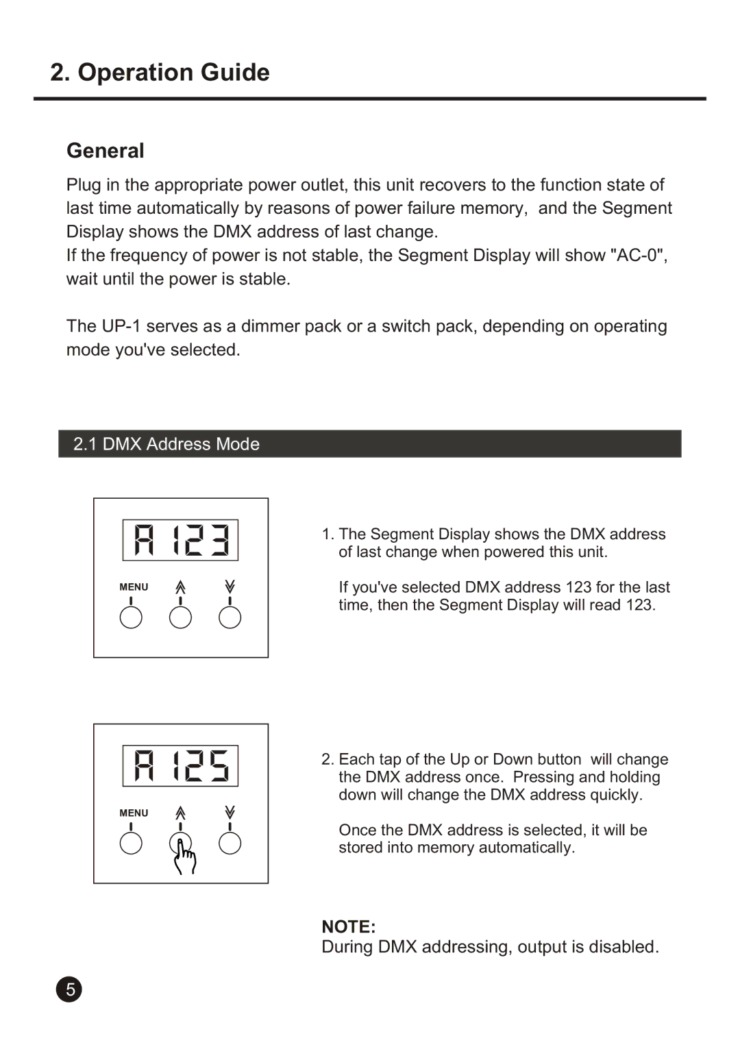 American DJ Uni Pack user manual General, DMX Address Mode 