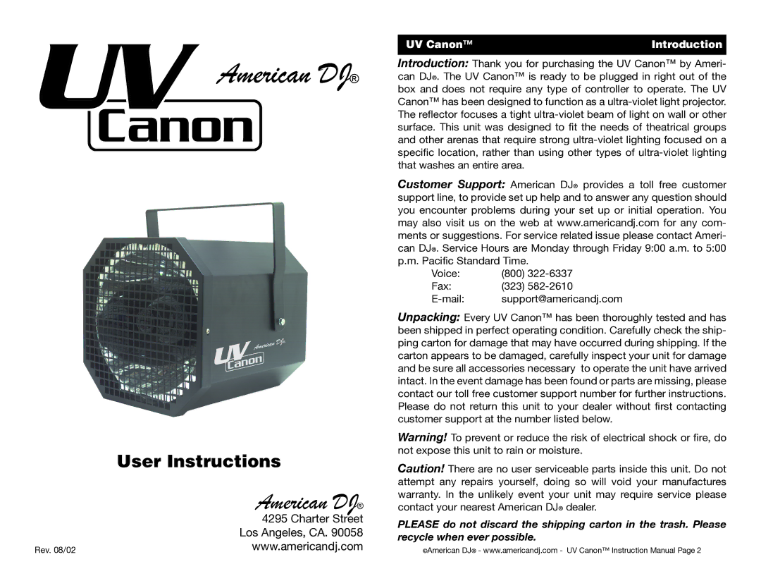 American DJ user service American DJ, UV Canon Introduction 