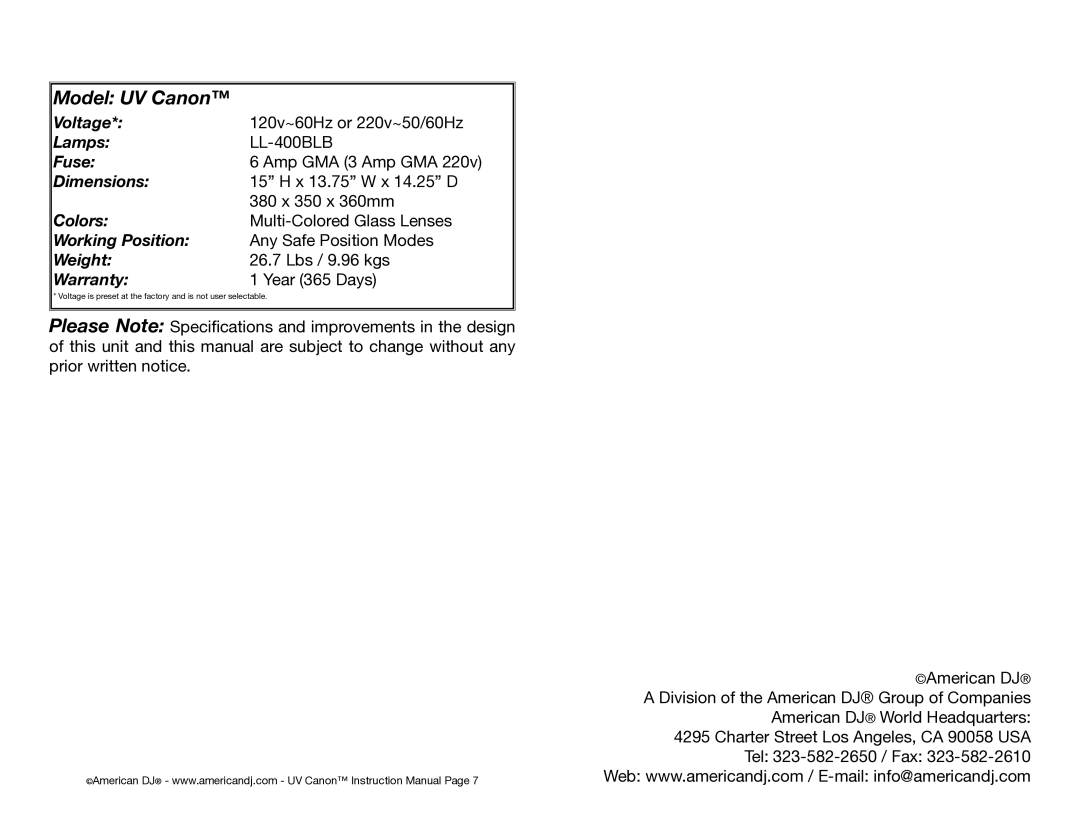 American DJ user service Model UV Canon, UV CanonSpecifications 