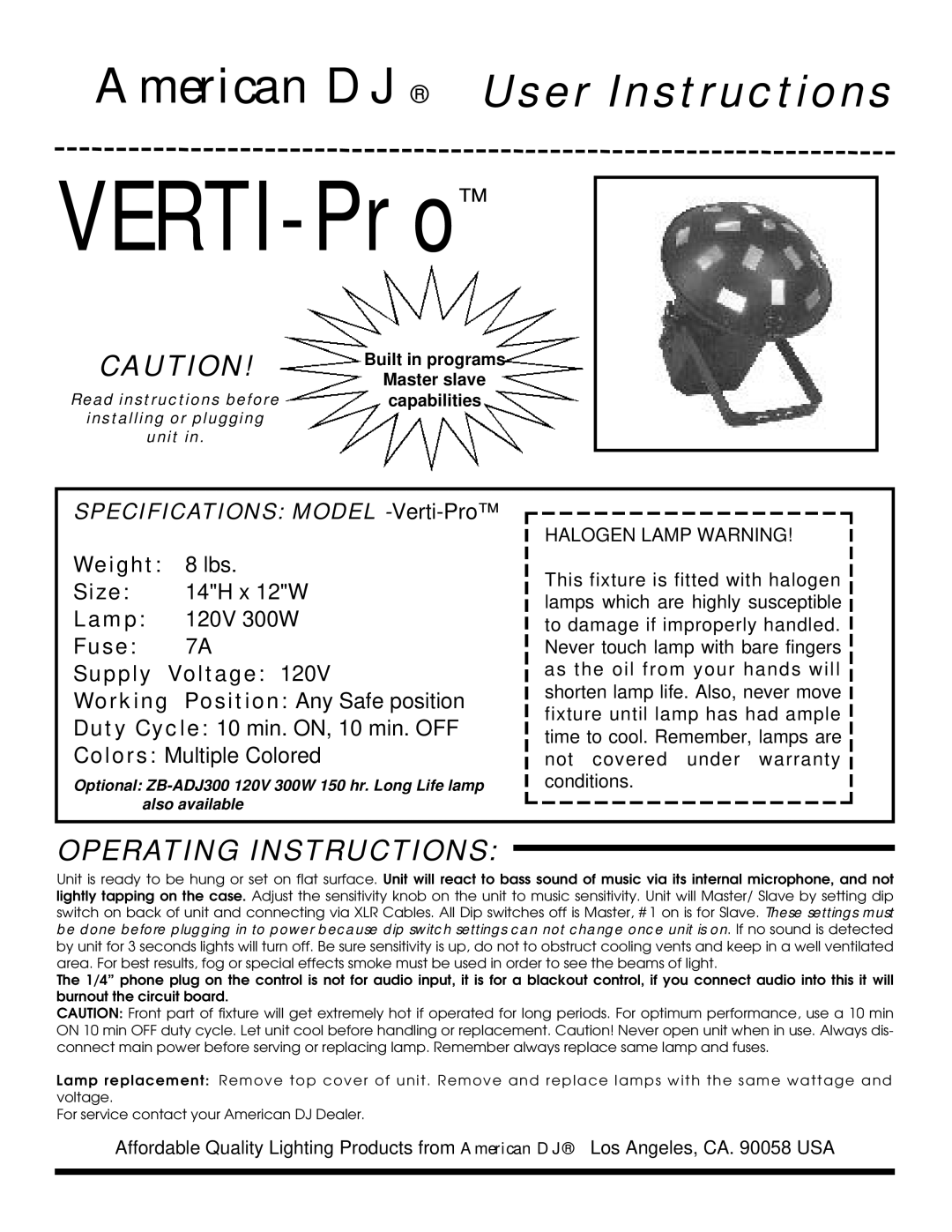 American DJ operating instructions VERTI-Pro, Operating Instructions, Specifications Model -Verti-Pro 