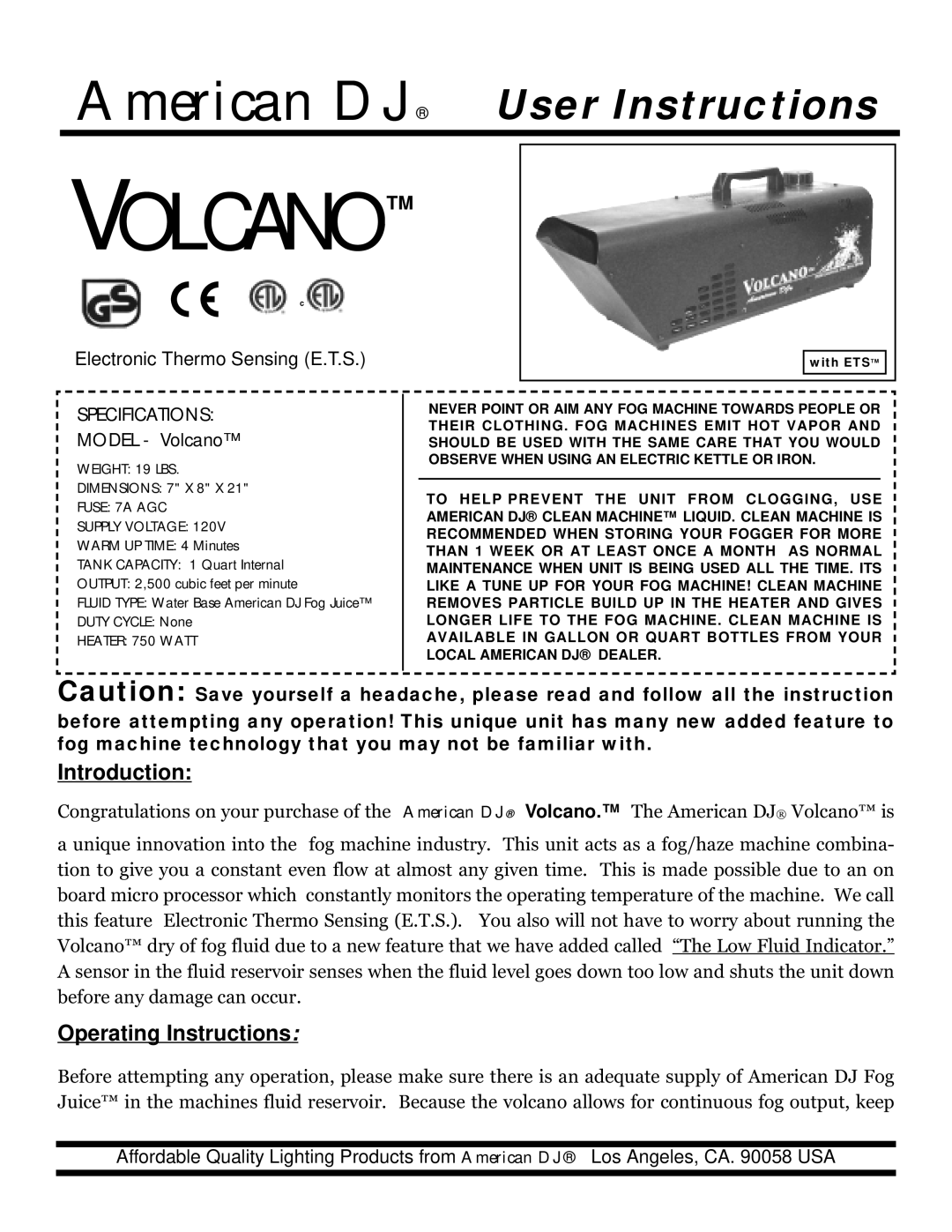 American DJ Volcano operating instructions Introduction, Operating Instructions 