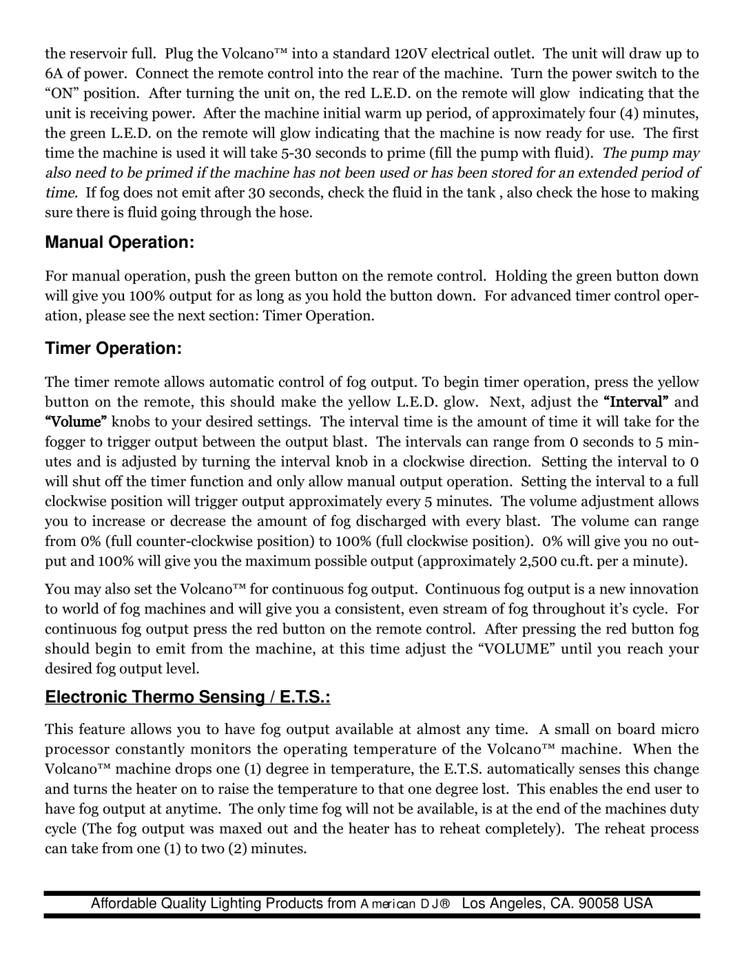 American DJ Volcano operating instructions Manual Operation, Timer Operation, Electronic Thermo Sensing / E.T.S 