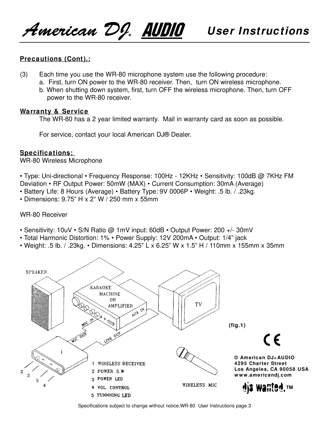 American DJ WR-80 manual Warranty & Service, Specifications 