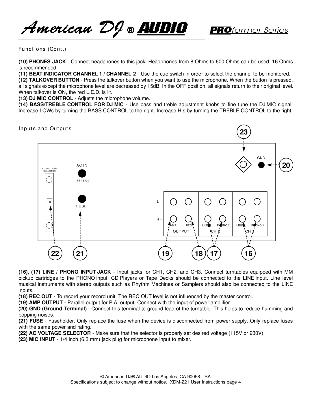 American DJ XDM-221 warranty Inputs and Outputs 