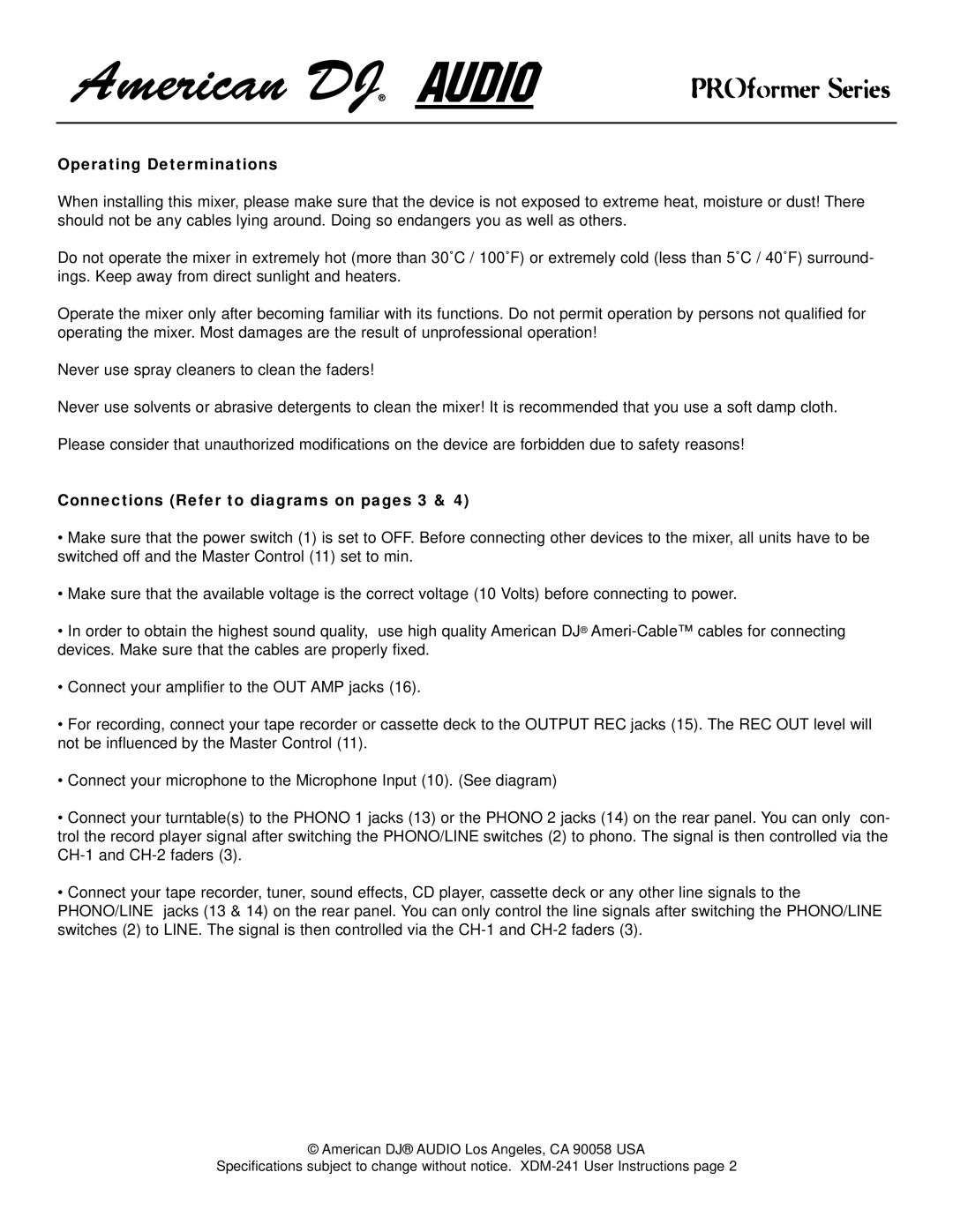 American DJ XDM-241 warranty Operating Determinations, Connections Refer to diagrams on pages 3 