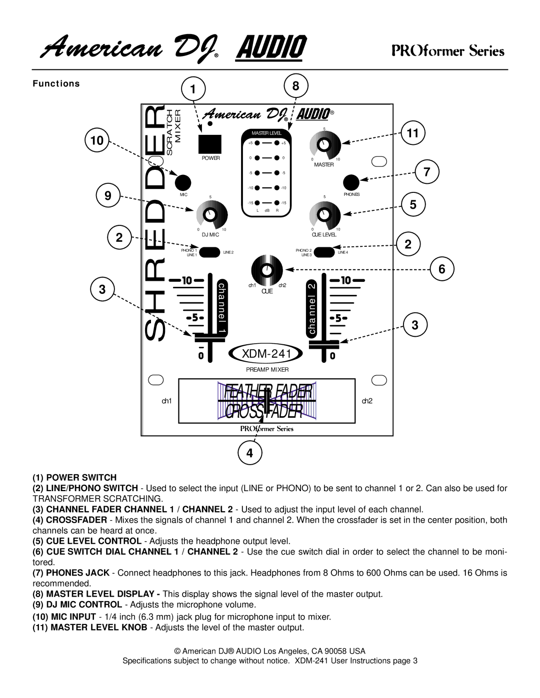 American DJ XDM-241 warranty Functions, Power Switch 