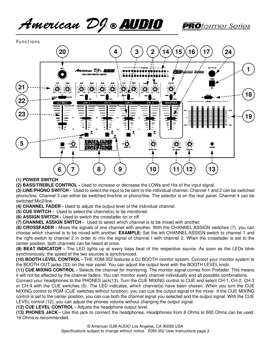 American DJ XDM-352 warranty Functions, Power Switch 