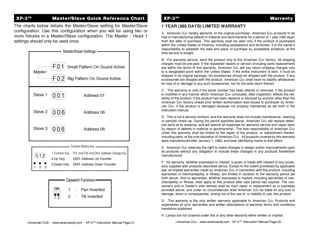 American DJ XP3 operating instructions XP-3 Master/Slave Quick Reference Chart, XP-3 Warranty 