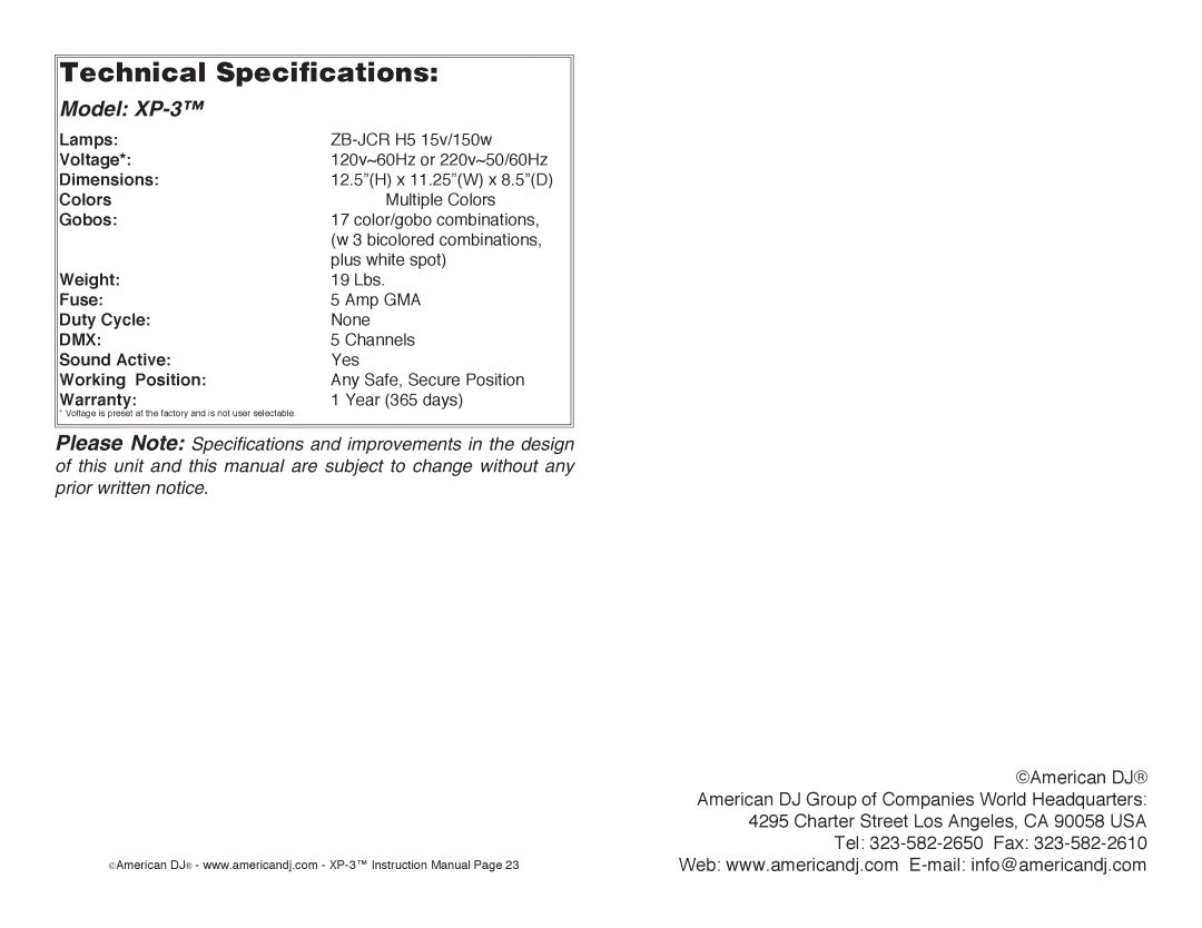 American DJ XP3 operating instructions Technical Specifications 