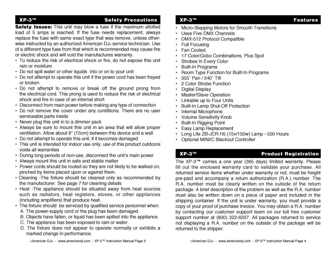 American DJ XP3 operating instructions XP-3 Safety Precautions, XP-3 Features, XP-3 Product Registration 