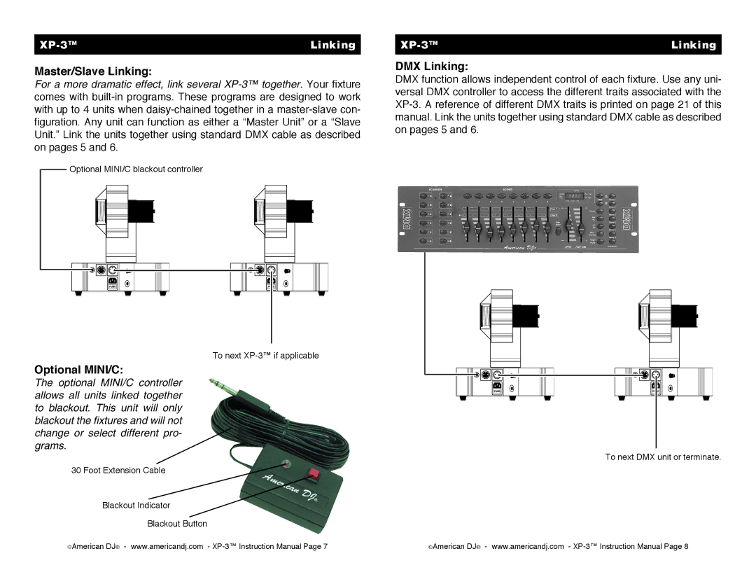 American DJ XP3 operating instructions Master/Slave Linking, Optional MINI/C, DMX Linking, XP-3 Linking 