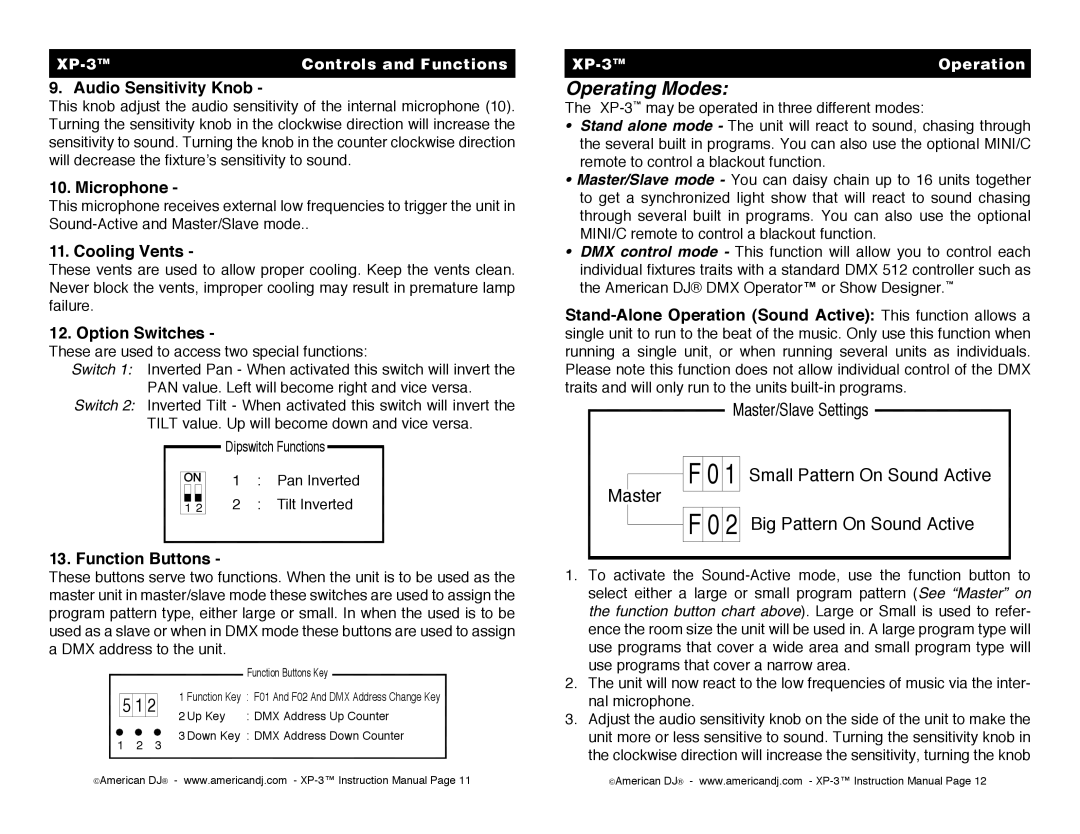 American DJ XP3 operating instructions Audio Sensitivity Knob, Microphone, Cooling Vents, Option Switches, Function Buttons 