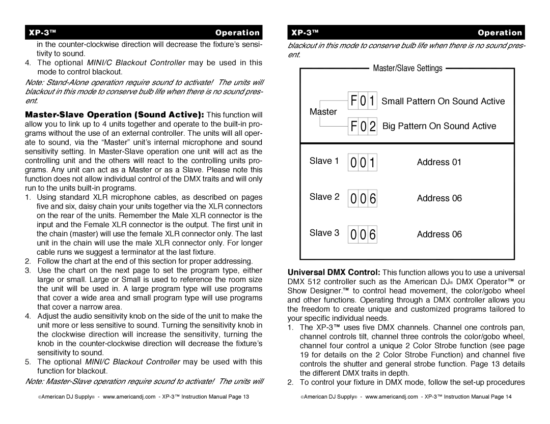 American DJ XP3 operating instructions XP-3 Operation 