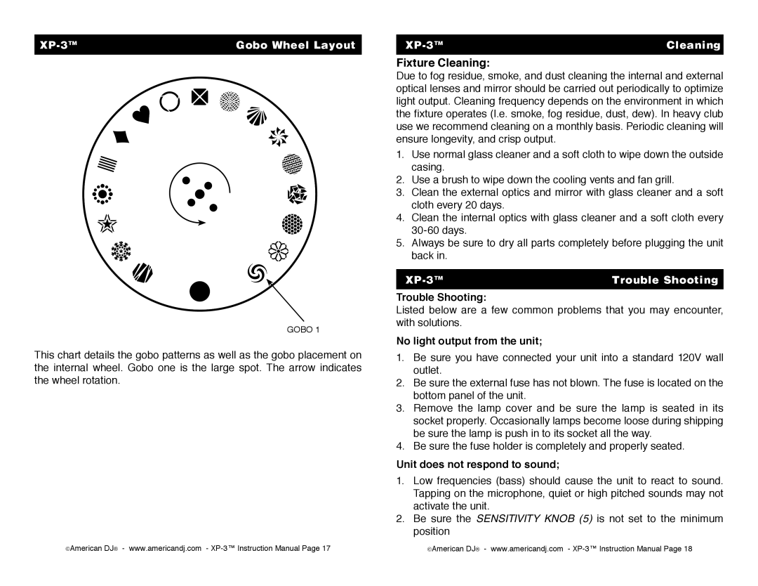 American DJ XP3 operating instructions Fixture Cleaning, XP-3 Gobo Wheel Layout, XP-3 Cleaning, XP-3 Trouble Shooting 