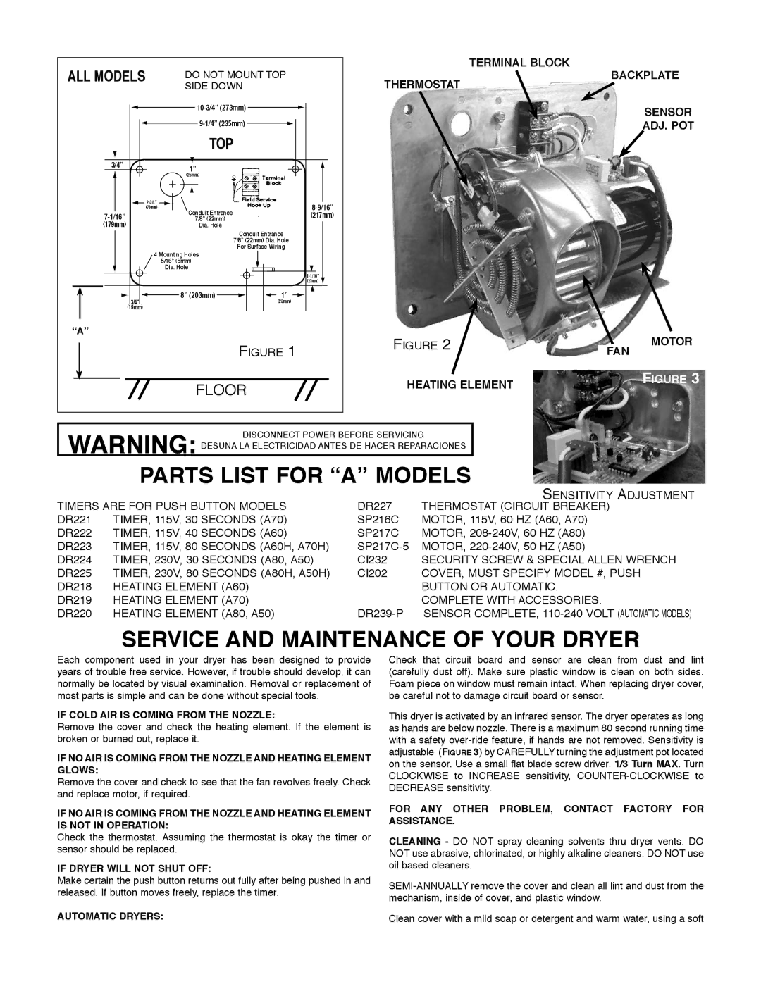 American Dryer A Series installation instructions Parts List for a Models, Service and Maintenance of Your Dryer 