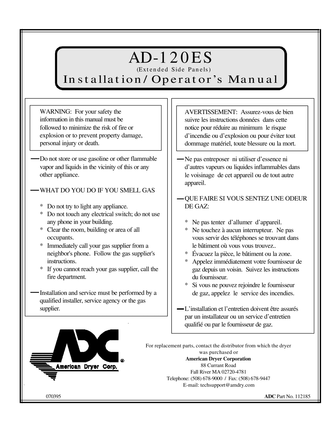 American Dryer AD-120ES manual 