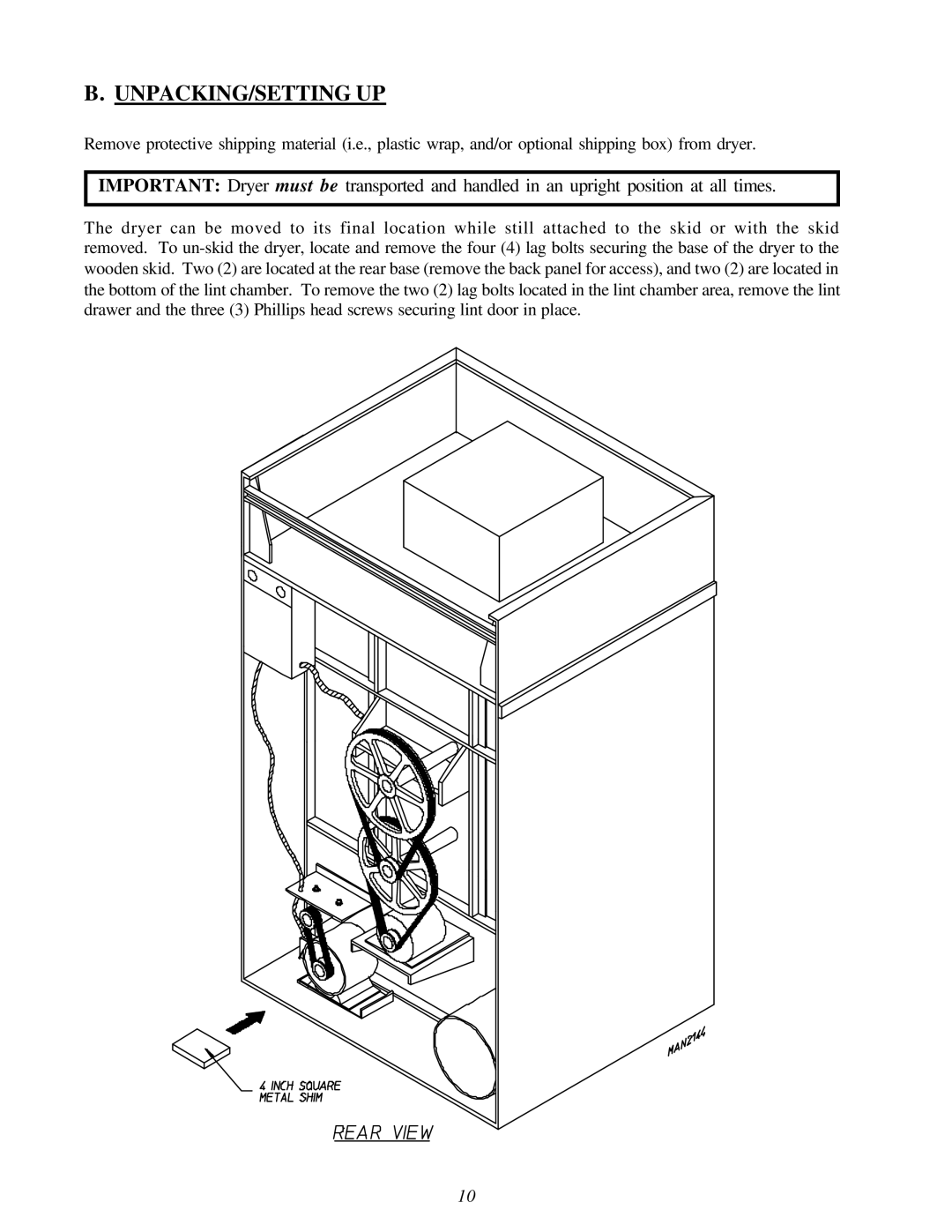 American Dryer AD-120ES manual Unpacking/Setting Up 