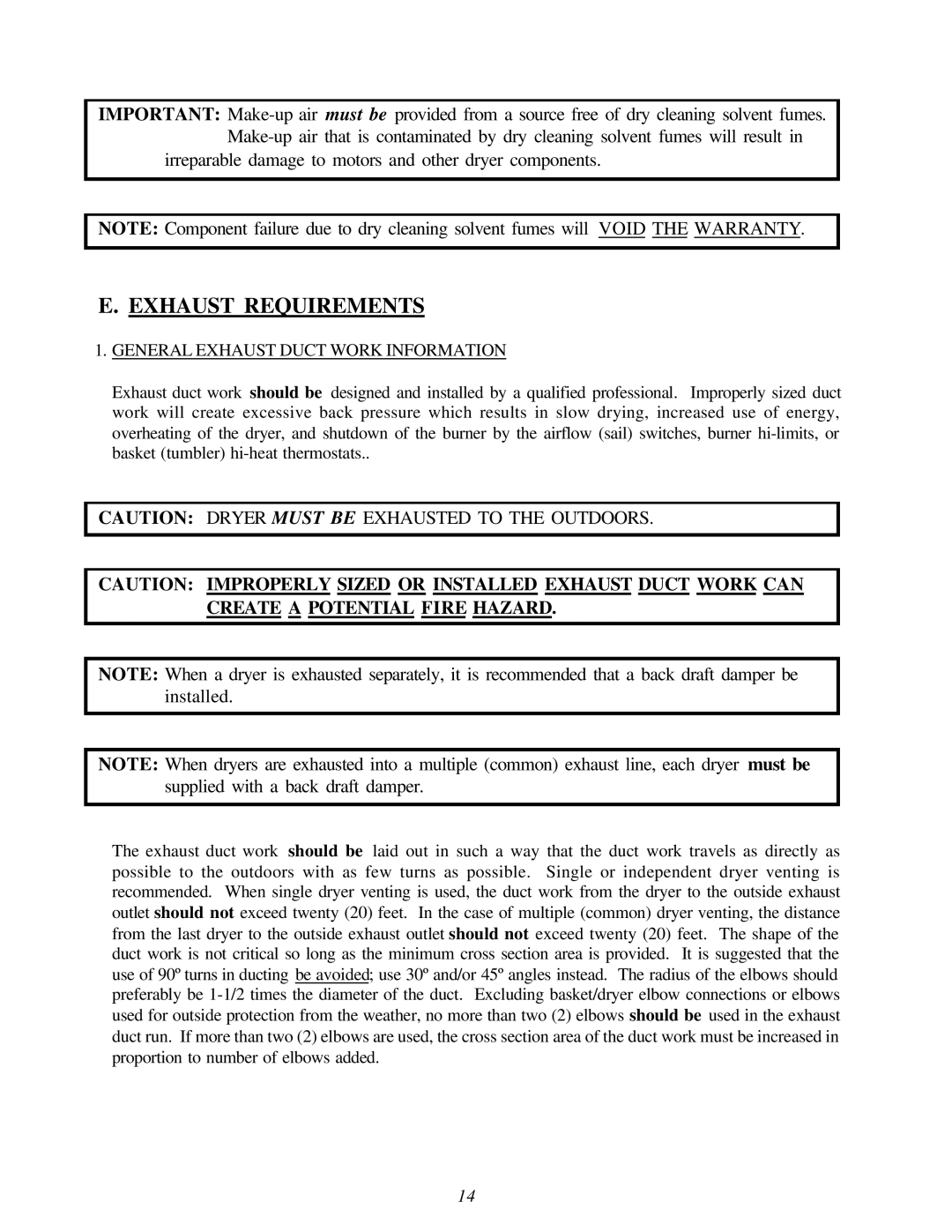 American Dryer AD-120ES manual Exhaust Requirements, General Exhaust Duct Work Information 