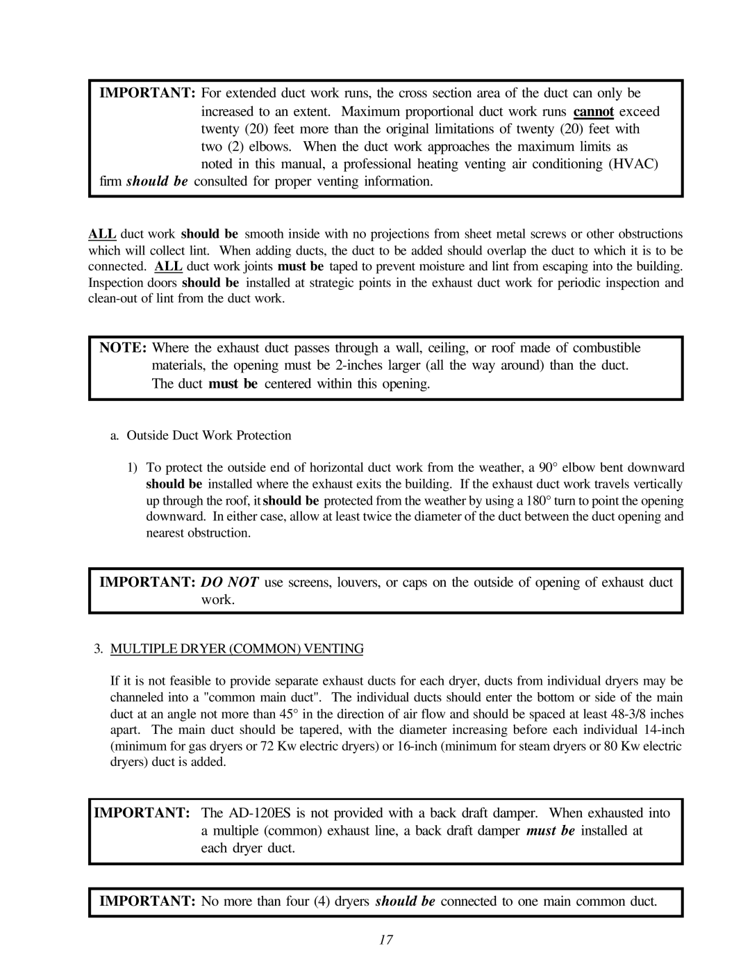 American Dryer AD-120ES manual Multiple Dryer Common Venting 