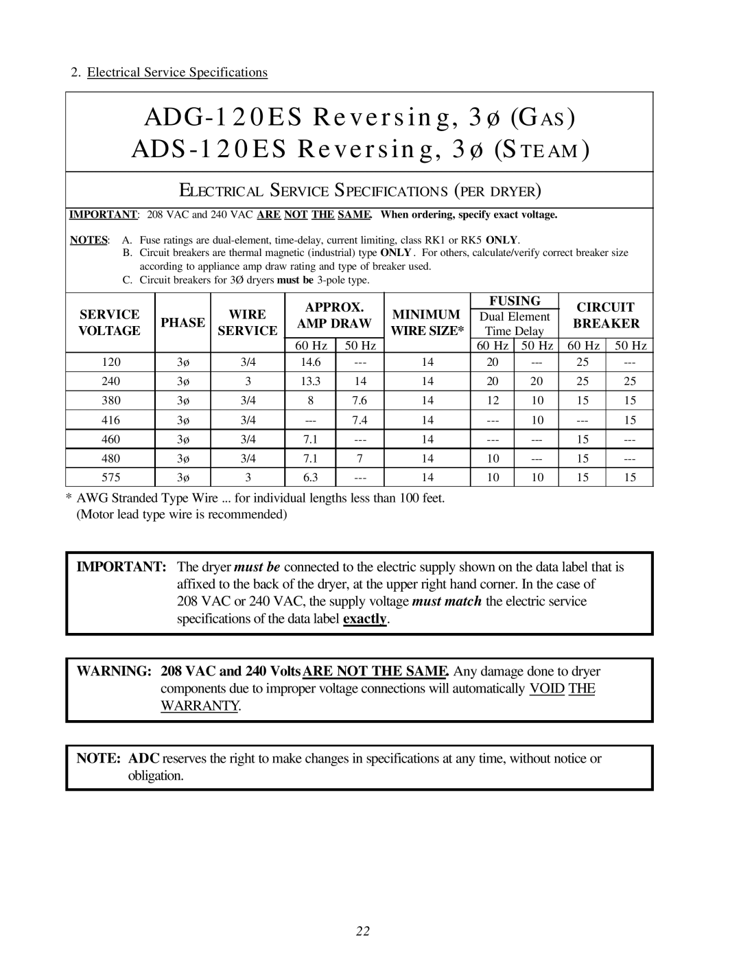 American Dryer AD-120ES manual ADG-120ES Reversing, 3ø GAS ADS-120ES Reversing, 3ø Steam 