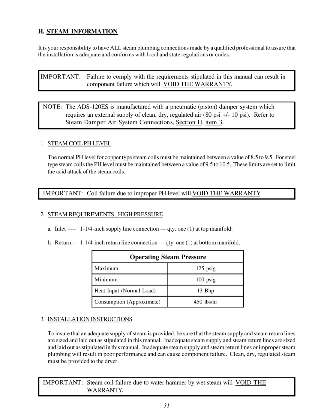 American Dryer AD-120ES manual Steam Coil PH Level, Steam Requirements , High Pressure, Installation Instructions 