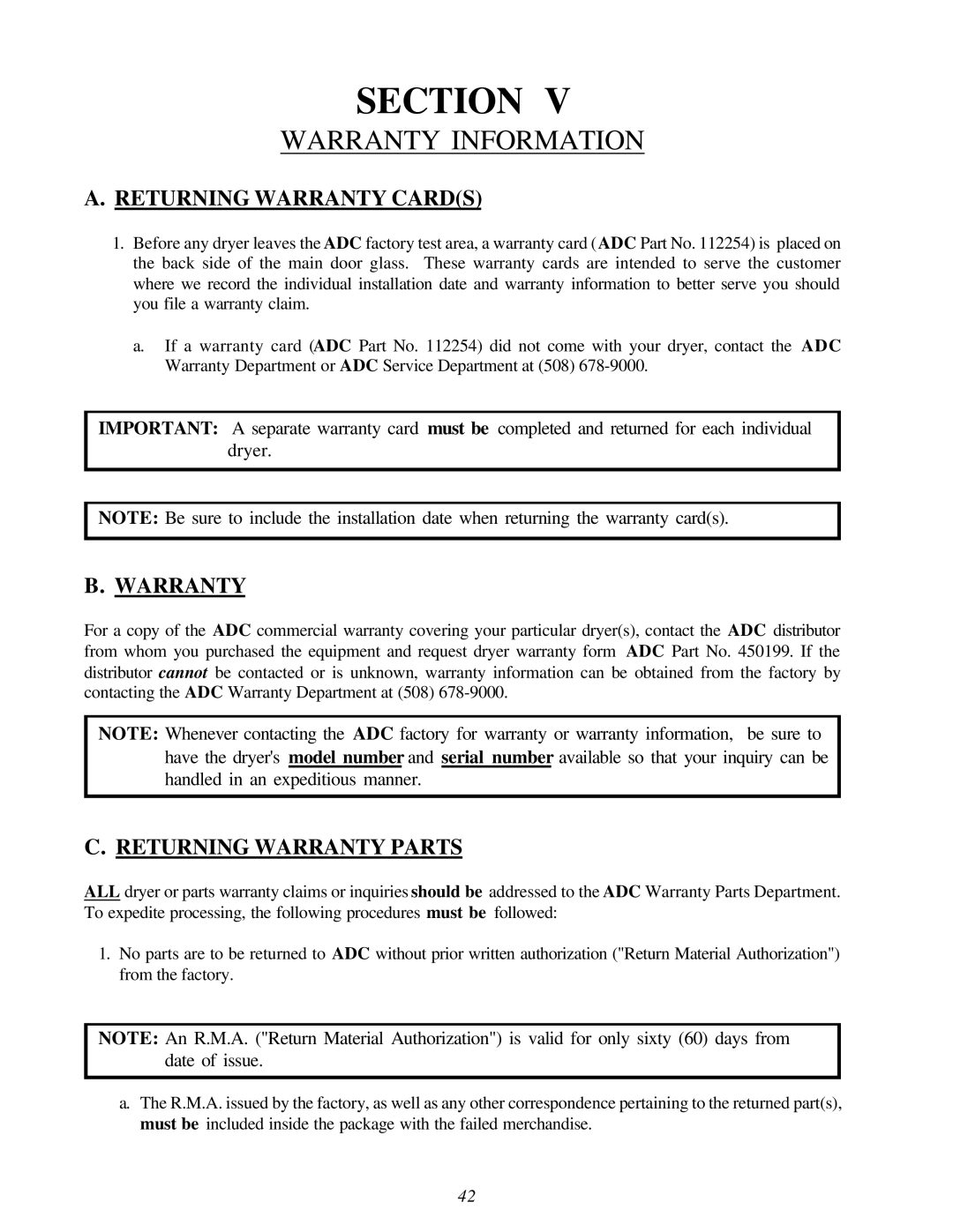 American Dryer AD-120ES manual Warranty Information, Returning Warranty Cards, Returning Warranty Parts 