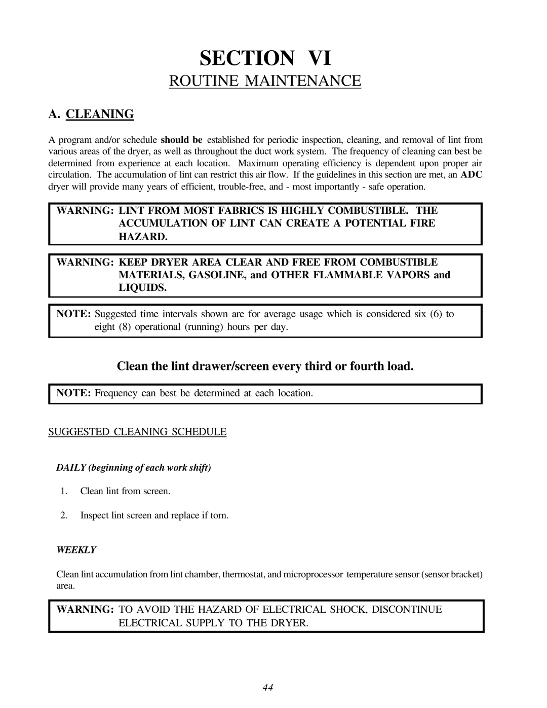 American Dryer AD-120ES manual Routine Maintenance, Cleaning 