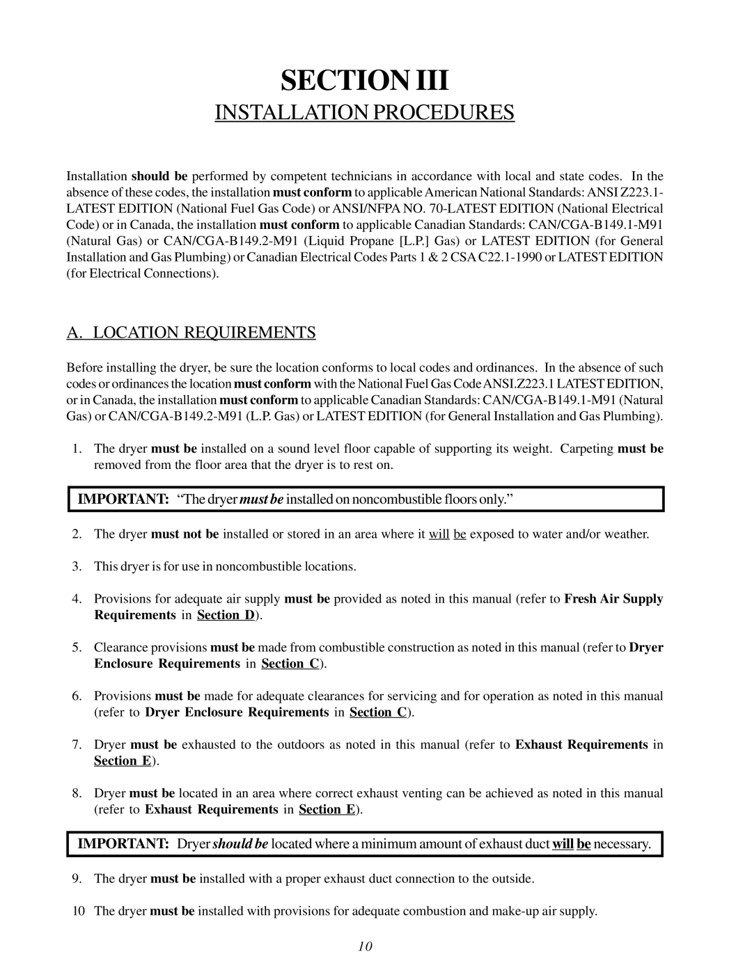 American Dryer Corp AD-115ES II installation manual Installation Procedures, Location Requirements 