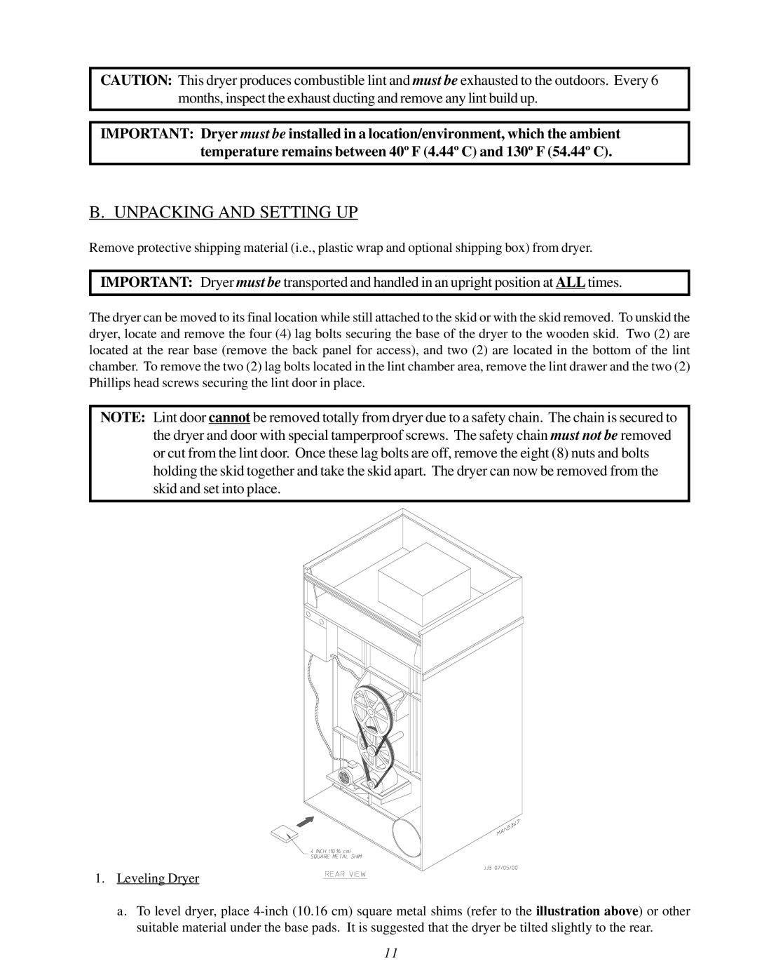 American Dryer Corp AD-115ES II installation manual Unpacking and Setting UP 