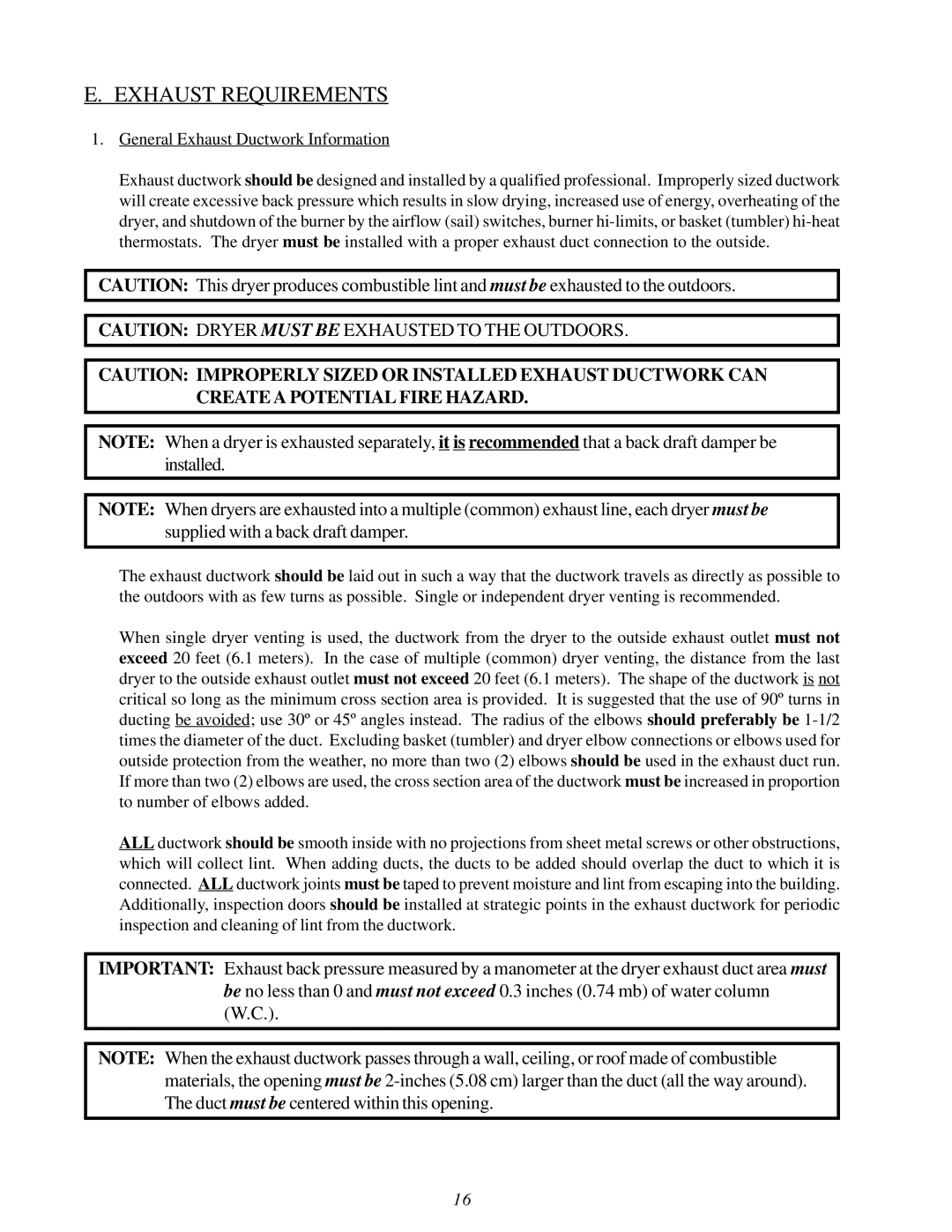 American Dryer Corp AD-115ES II installation manual Exhaust Requirements, General Exhaust Ductwork Information 