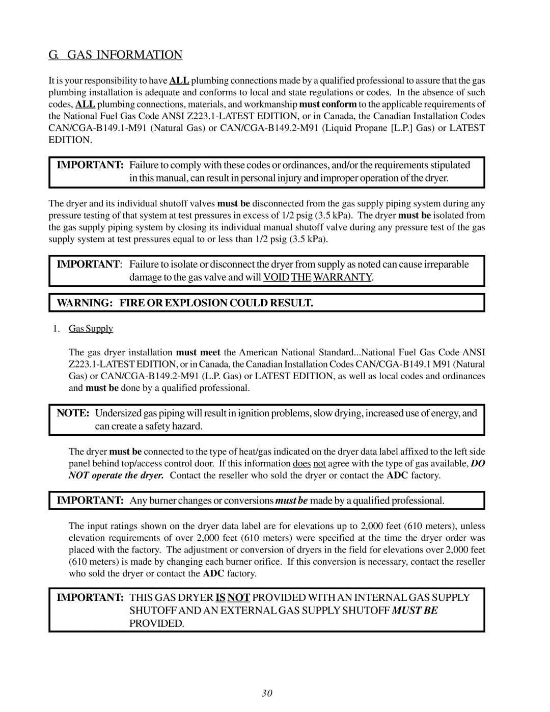 American Dryer Corp AD-115ES II installation manual GAS Information 