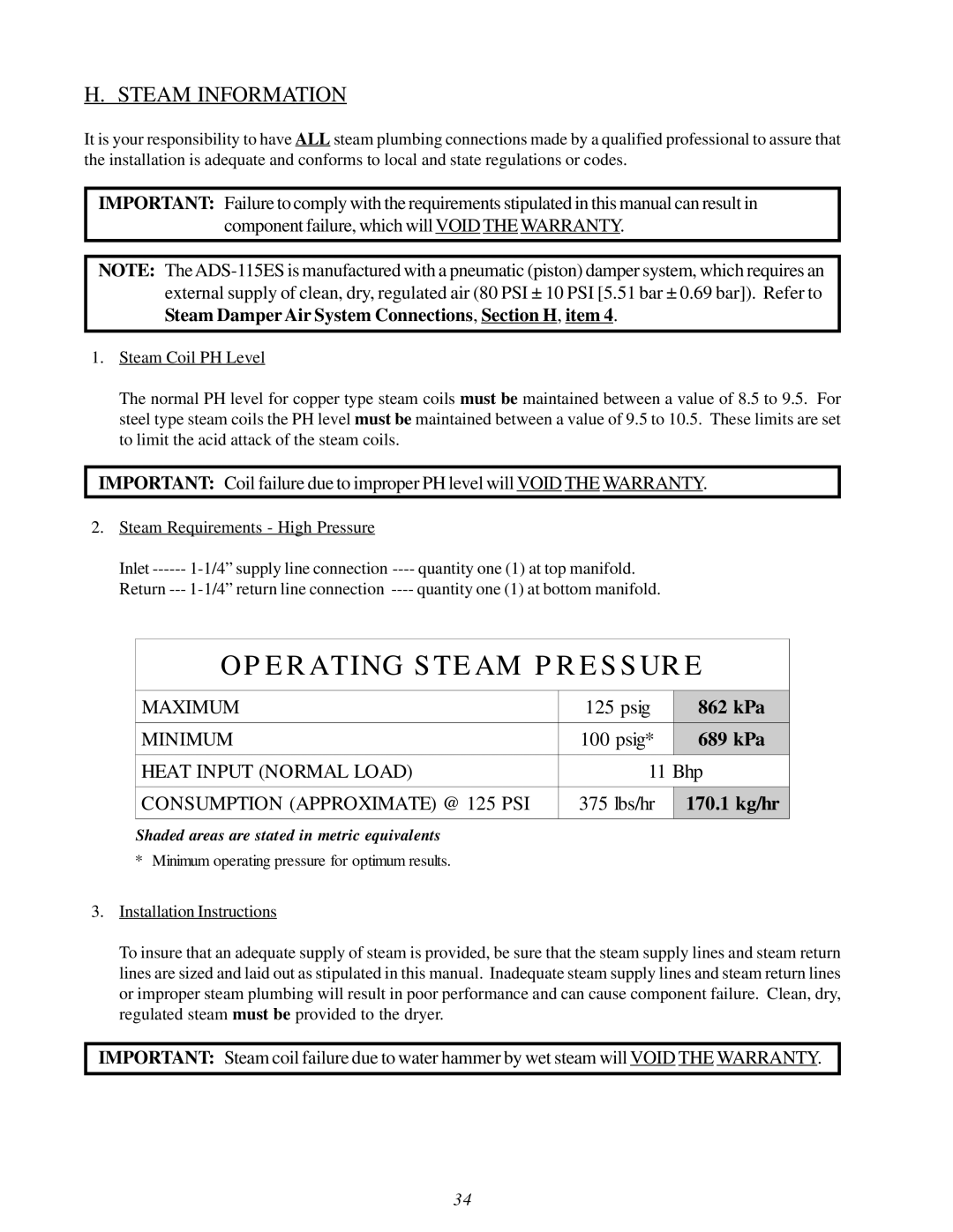 American Dryer Corp AD-115ES II installation manual Steam Information, 689 kPa, 170.1 kg/hr 