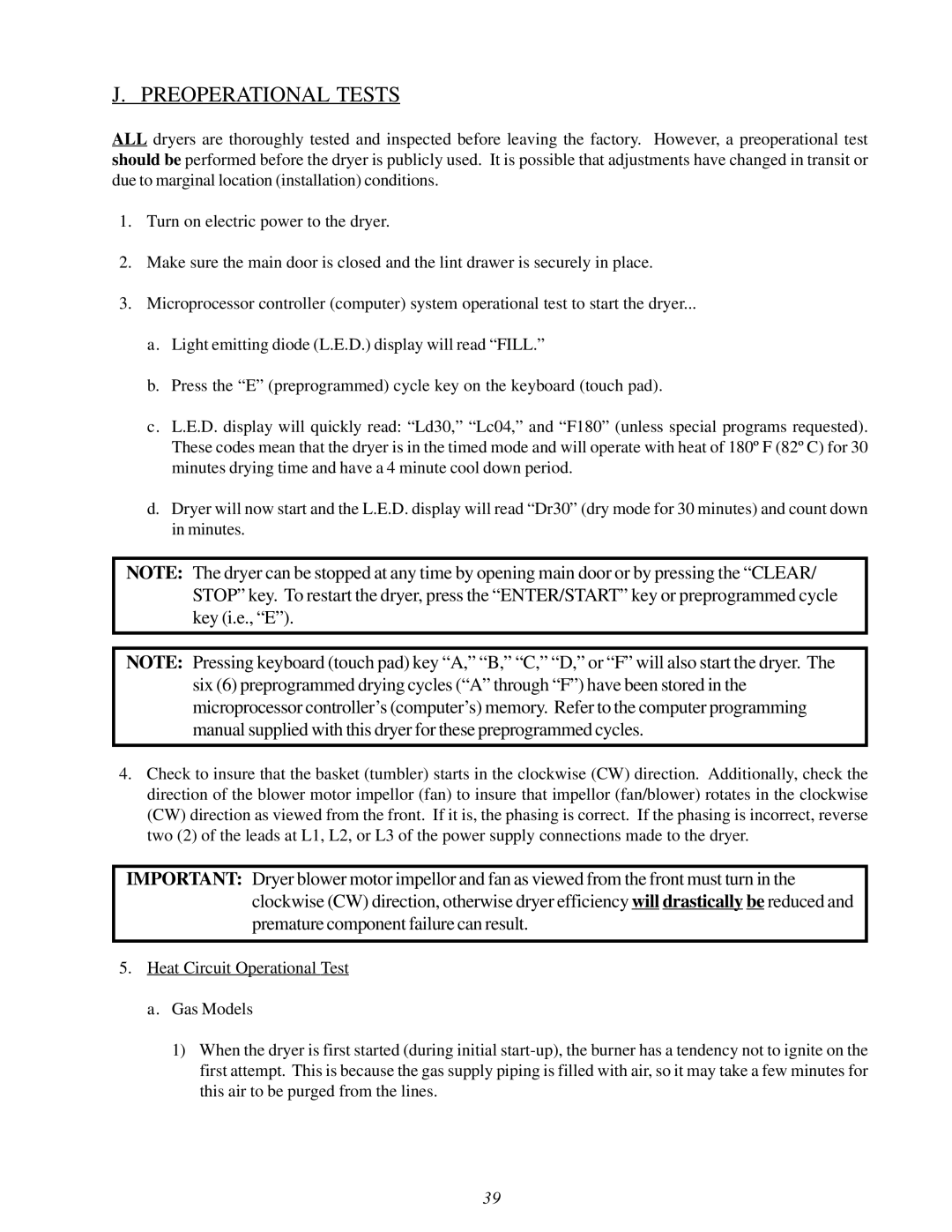 American Dryer Corp AD-115ES II installation manual Preoperational Tests 