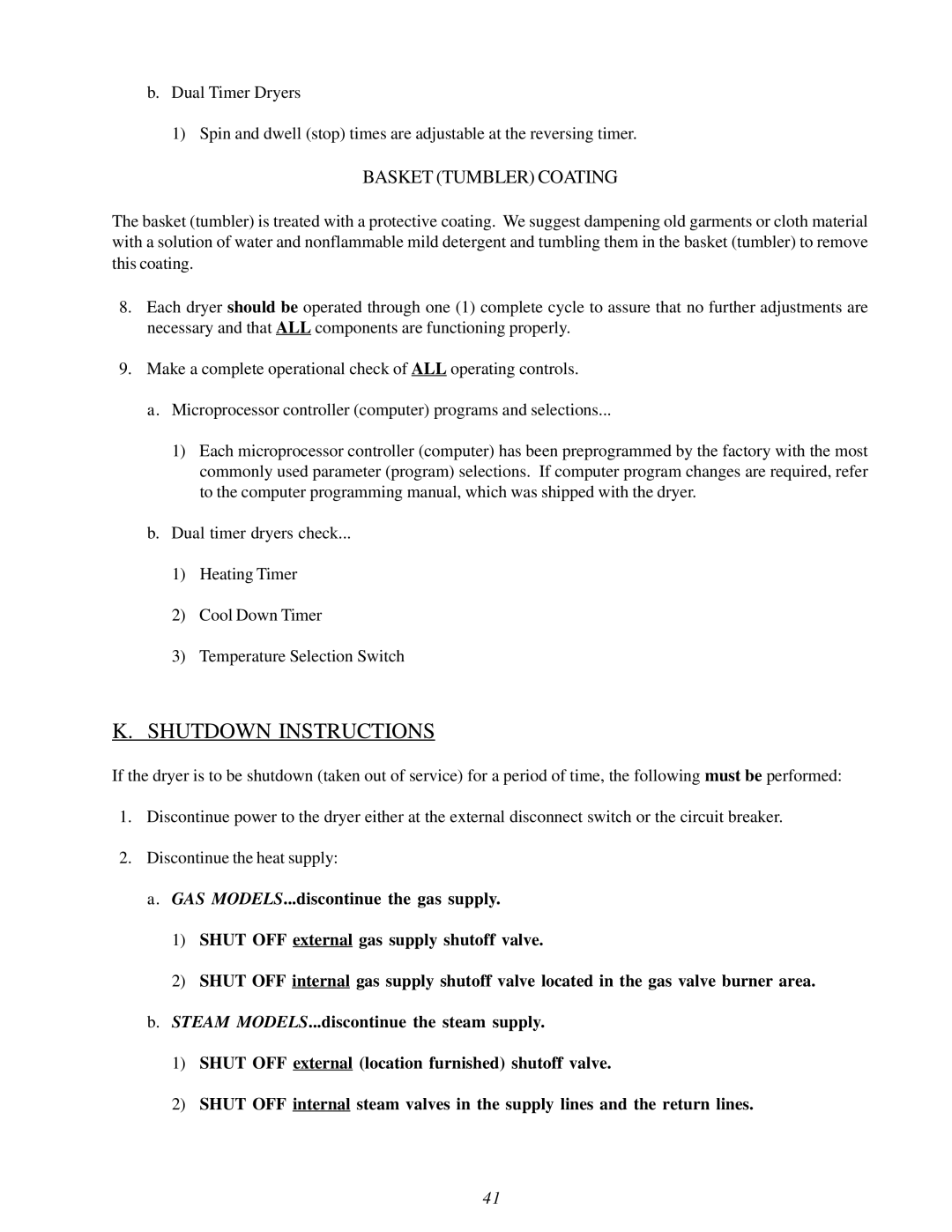 American Dryer Corp AD-115ES II installation manual Shutdown Instructions, Basket Tumbler Coating 