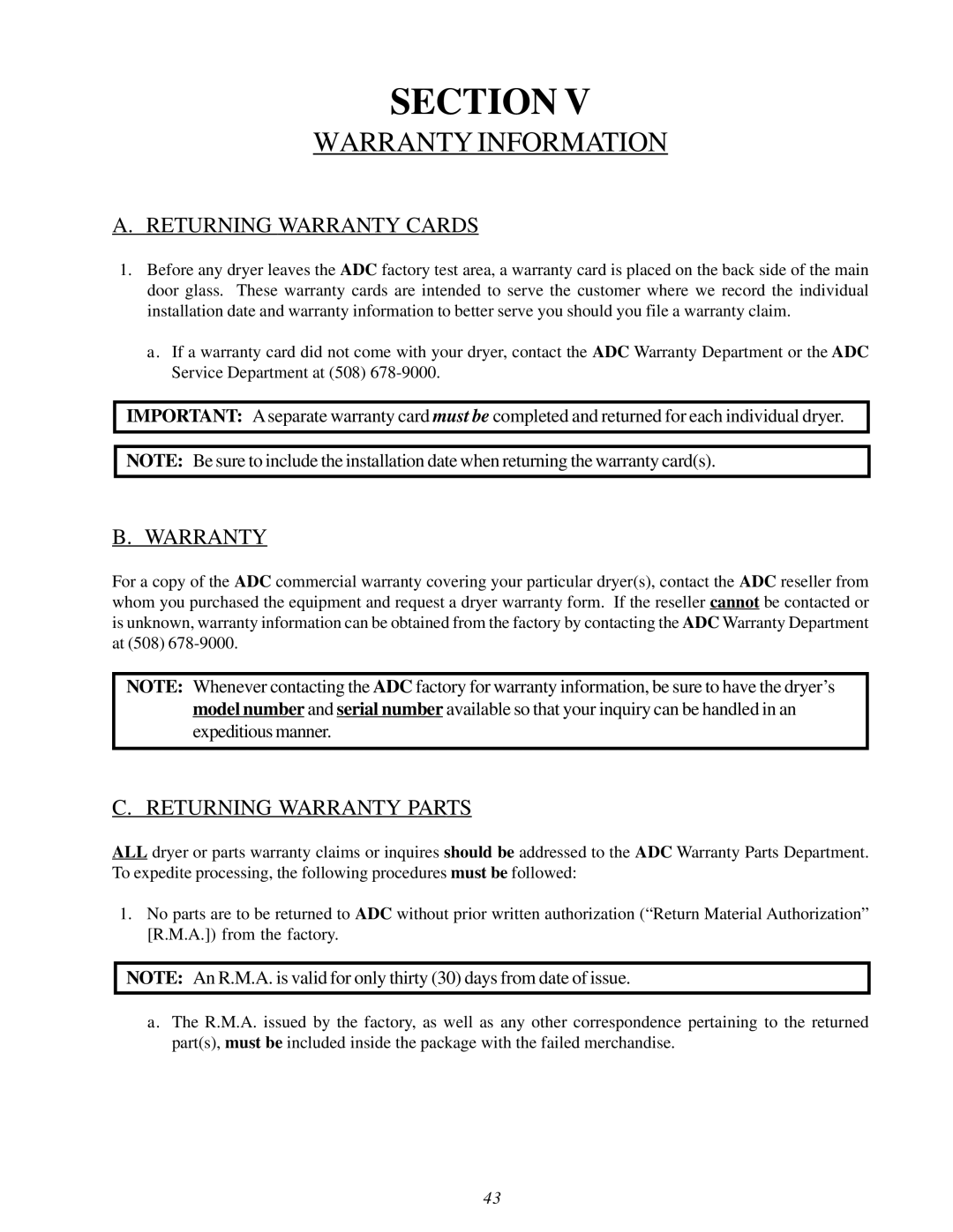 American Dryer Corp AD-115ES II Warranty Information, Returning Warranty Cards, Returning Warranty Parts 