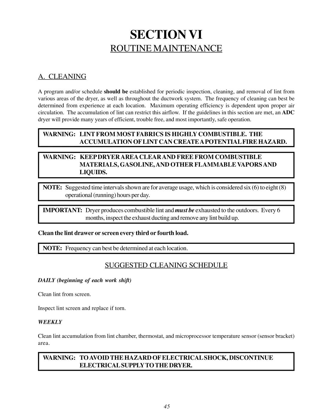 American Dryer Corp AD-115ES II installation manual Routine Maintenance, Suggested Cleaning Schedule 