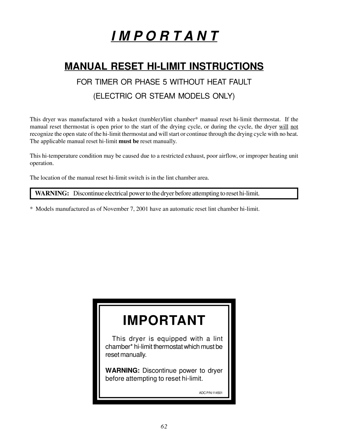 American Dryer Corp AD-115ES II installation manual ADC P/N114501 