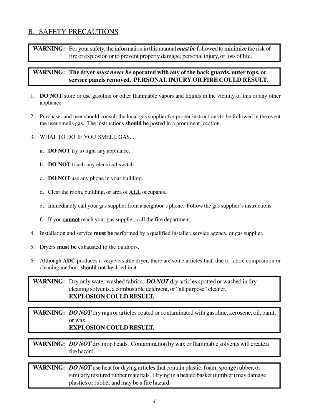 American Dryer Corp AD-115ES II installation manual Safety Precautions, What to do if YOU Smell GAS 