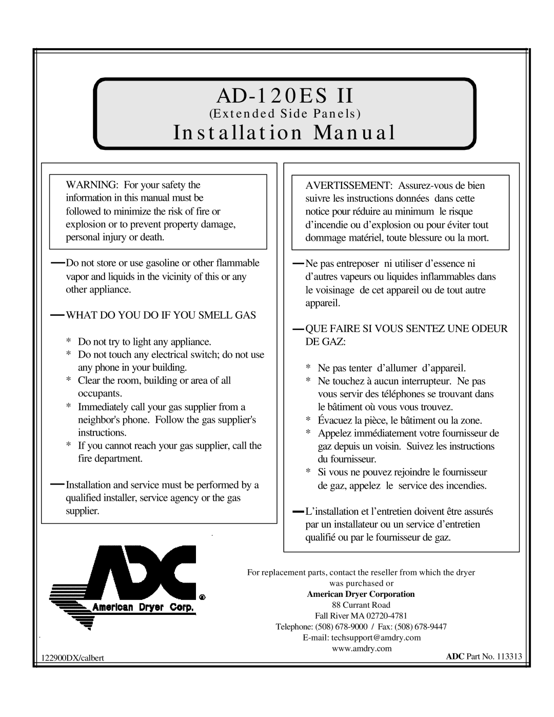 American Dryer Corp AD-120ES II installation manual 