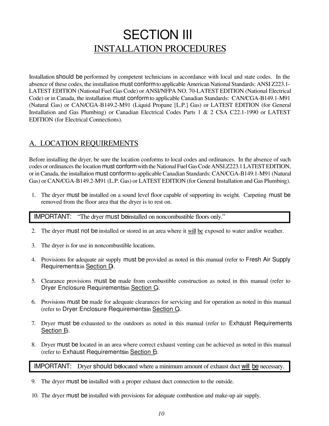 American Dryer Corp AD-120ES II installation manual Installation Procedures, Location Requirements 