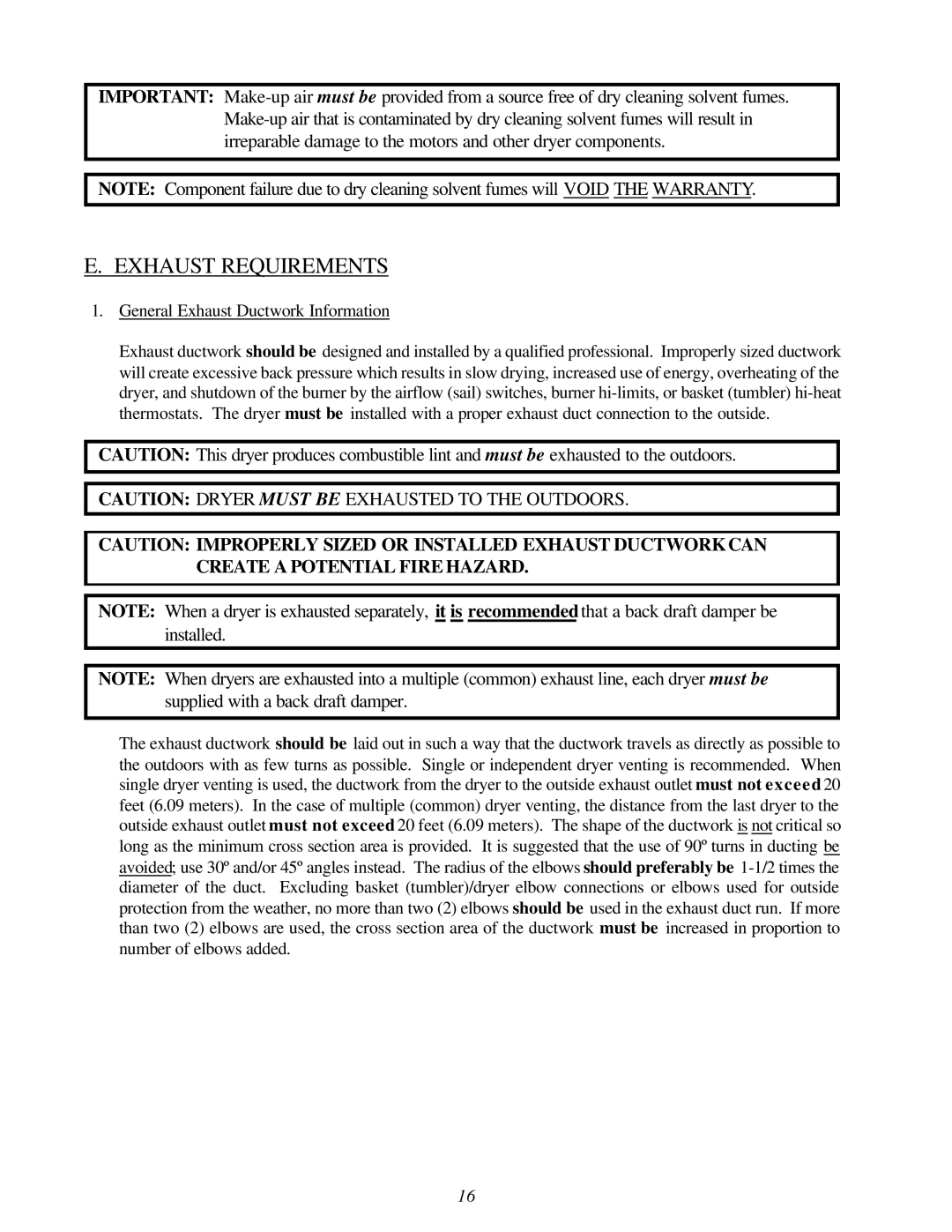 American Dryer Corp AD-120ES II installation manual Exhaust Requirements 