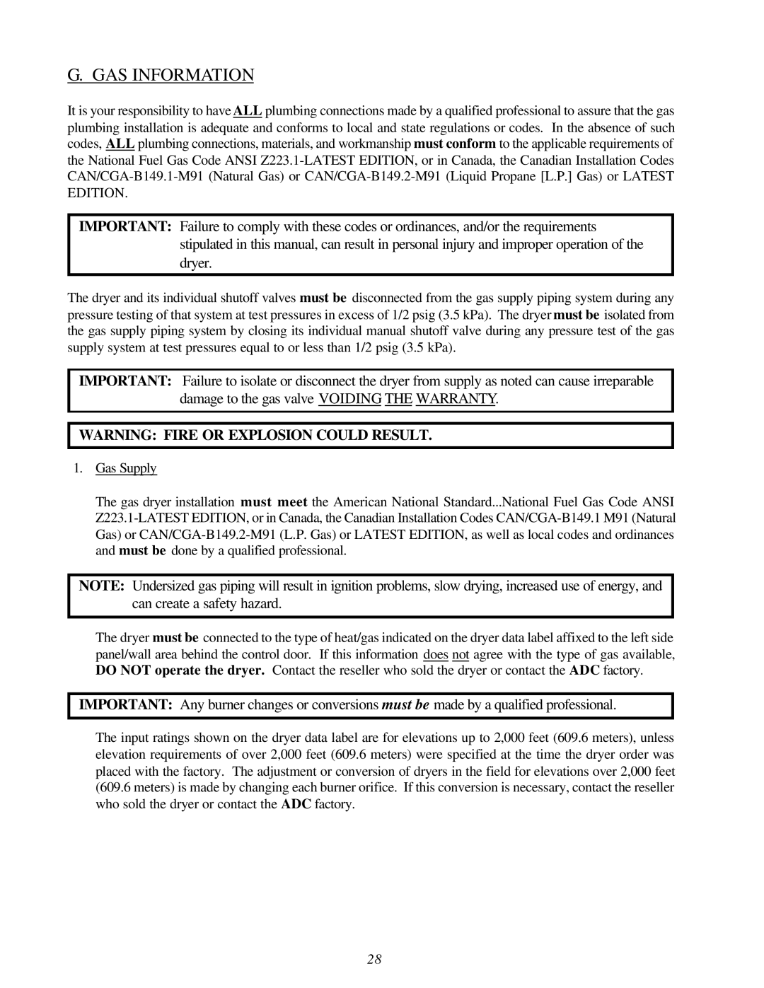 American Dryer Corp AD-120ES II installation manual GAS Information 